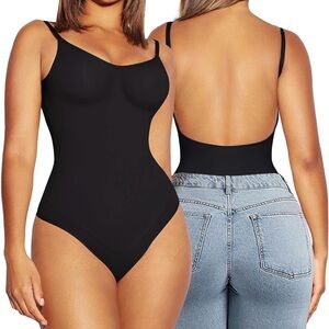 Black Seamless Low Back Shapewear Bodysuit Thong Snap Crotch Womens ML